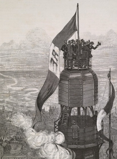 gravura: conclusão da torre com bandeira francesa