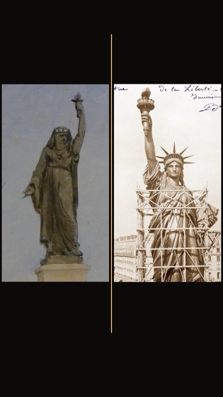 COMPOSIÇÃO: o projeto egípcio recusado (esq.) ao lado da Estátua da Liberdade (dir.)